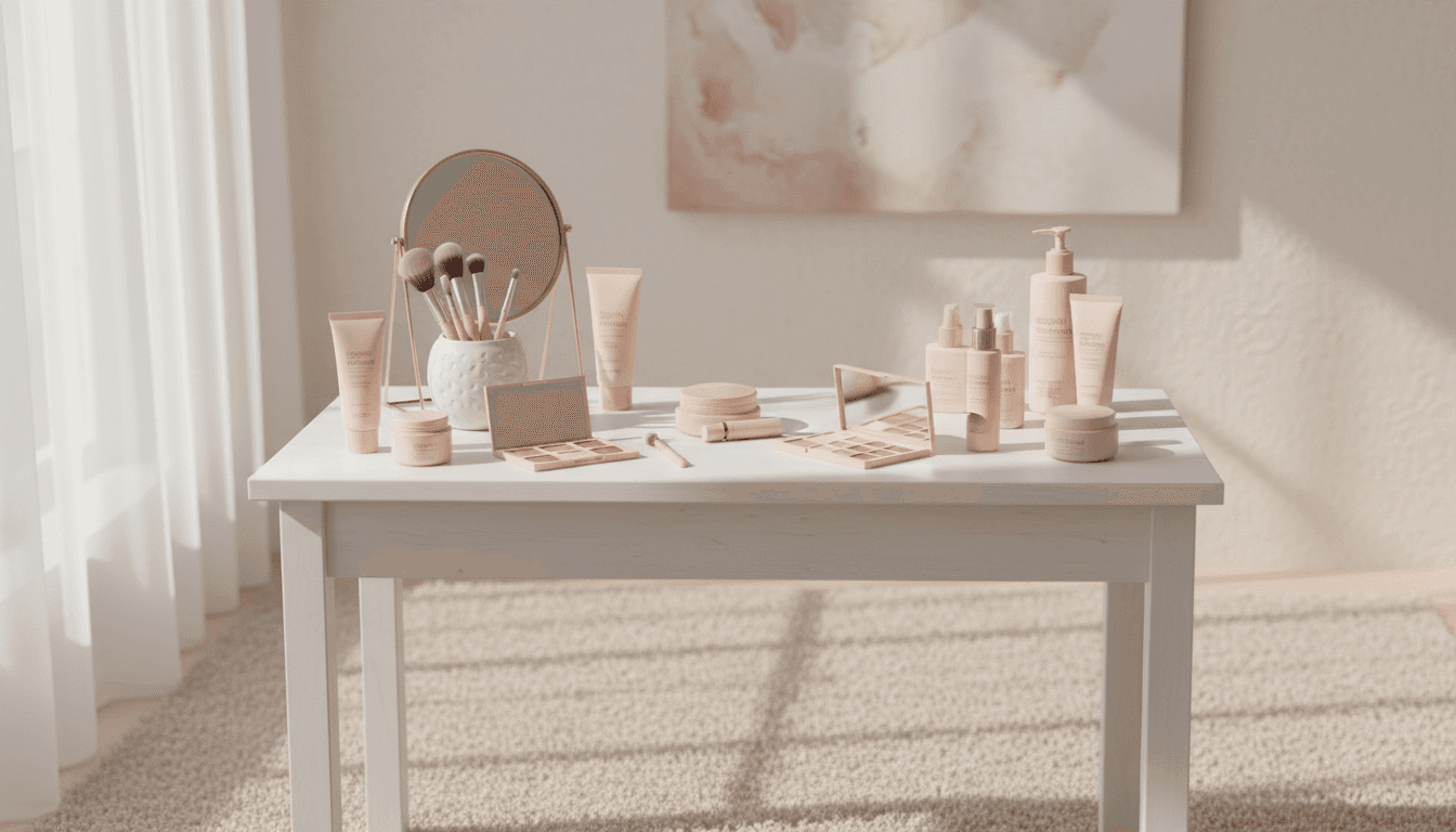 Beauty products arranged on a bright vanity table