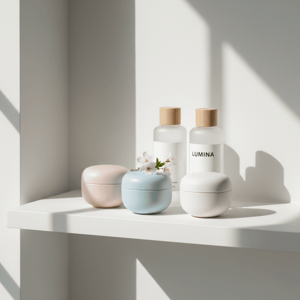 Skincare bottles and jars lined up on a clean white shelf