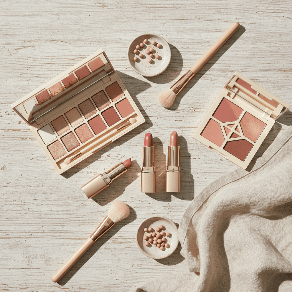 Makeup products arranged in a neat flat-lay on a light surface