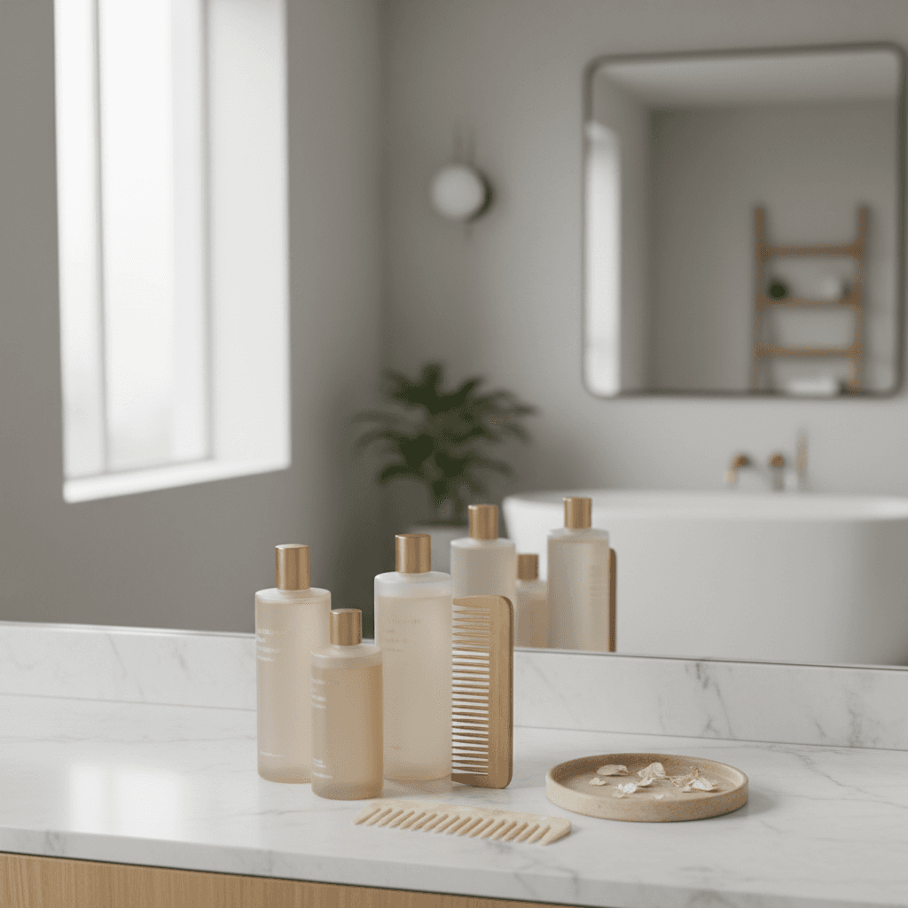 Haircare bottles and a comb on a bright bathroom counter