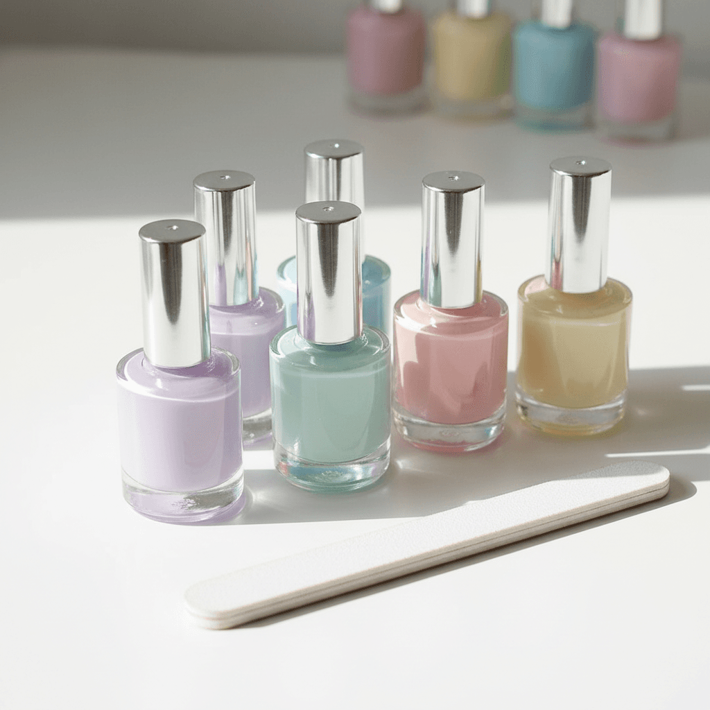 Pastel nail polish bottles with a nail file on a clean surface